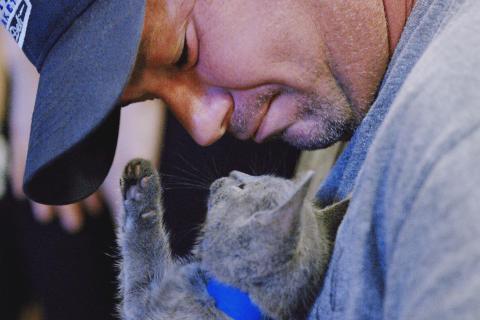 Man in baseball cap looks down at kitten