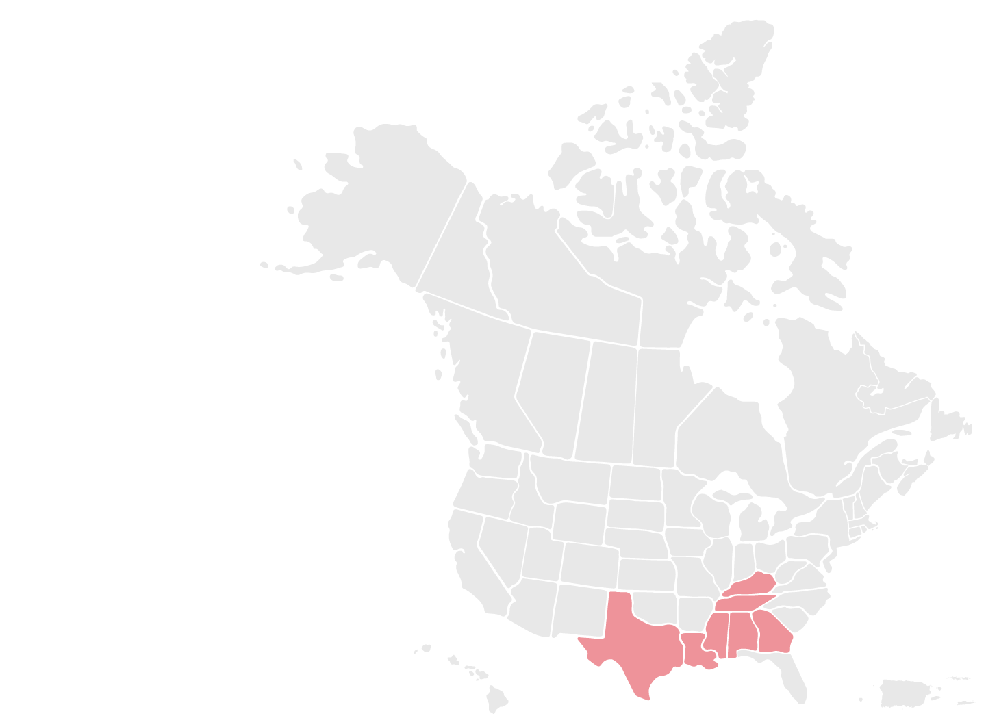 Map of the US & CA with US States AL, GA, KY, LA, MS, TN and TX highlighted in red