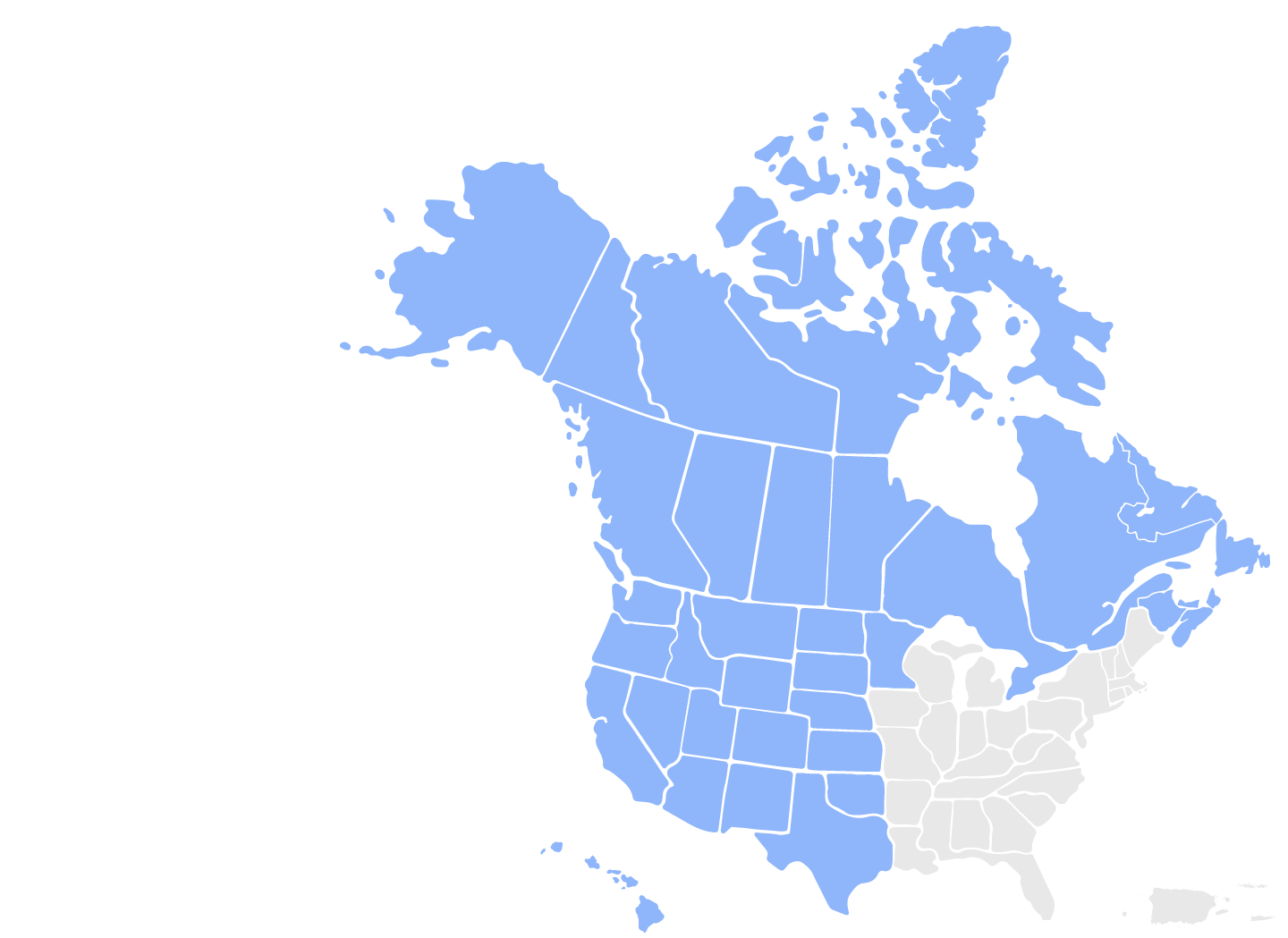 US and Canada map with the western regions highlighted in blue